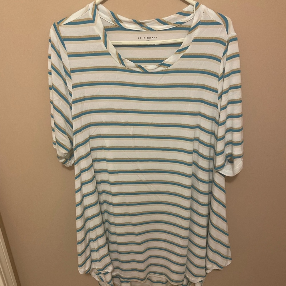 Lane Bryant Short Sleeve Striped Top - Teal and White
